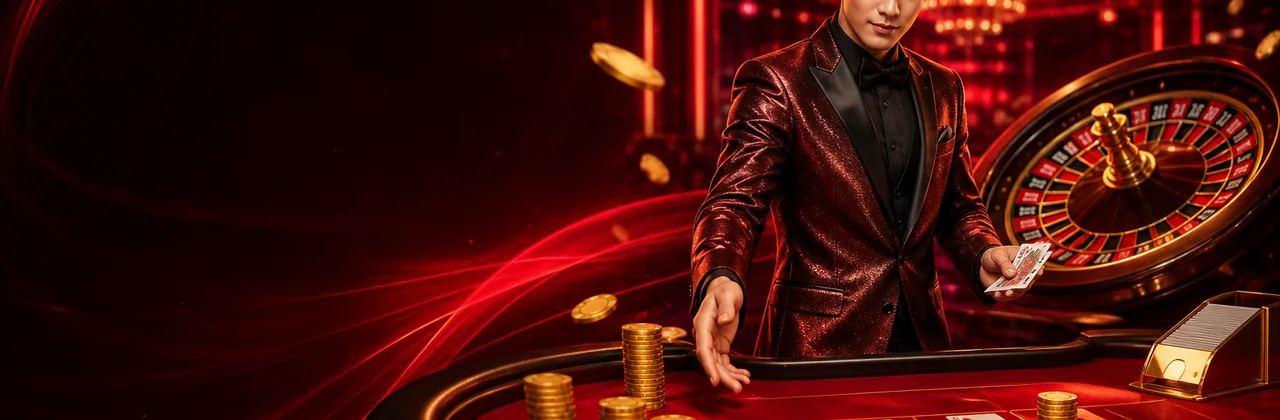 Banner casino với roulette và chip vàng trong ánh đèn đỏ