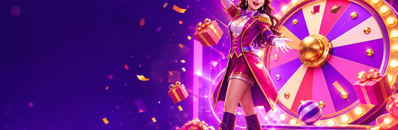 Banner sự kiện với vòng quay quà tặng và pháo sáng
